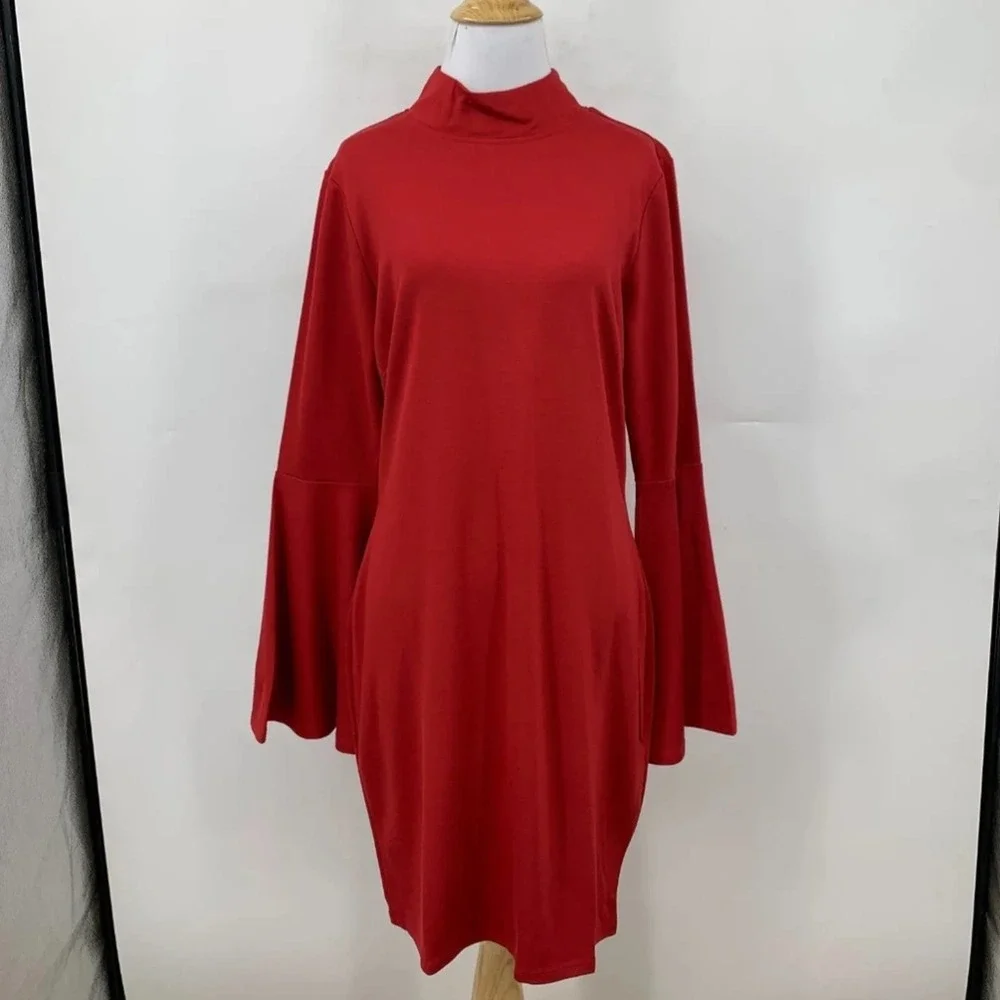 Venus Long Bell Sleeve Mock Neck‎ Zip Back Bodycon Sheath Dress Size Large